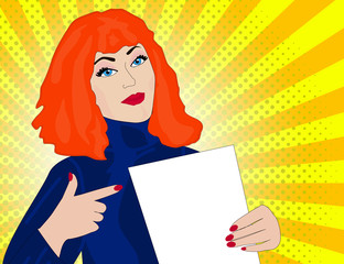 Pop art woman points to a blank template. retro illustration