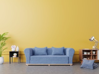 Modern living room interior yellow wall mockup with blue sofa, shelf,cabinet, flower, and book on empty background. 3D rendering.