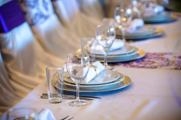 Beautiful table setting with crockery and flowers for a party, wedding reception or other festive event.