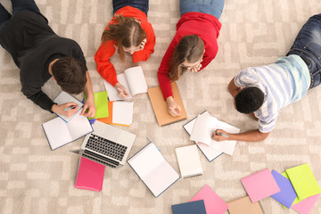Group of teenagers doing homework on floor