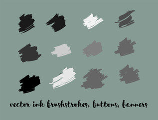 Grayscale Painted Vector Buttons Set. Stain Borders, Paintbrush Strokes. Black and White Oil Splash, Textured Ads Background. Grayscale Logos, Painted Vector Buttons Set. Graffiti Grunge Banners.