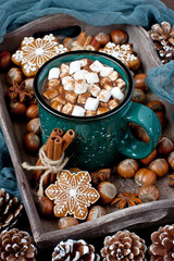 Cup of creamy hot chocolate with melted marshmallows and gingerbread cookies  for christmas holiday