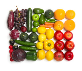 Rainbow composition with fresh vegetables and fruits on white background, flat lay