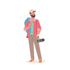 Man photographer with big backpack and camera. Flat style vector illustration isolated on white background.