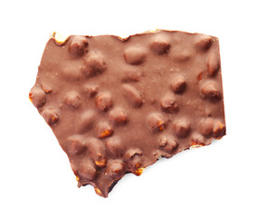 Delicious milk chocolate with nuts on white background