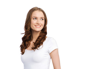 Fototapeta premium body positive and people concept - happy woman in white t-shirt
