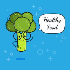 Broccoli with speech bubble. Balloon sticker. Cool vegetable. Vector illustration. Broccoli clever nerd character. Healthy food concept. Smart vegan diet poster