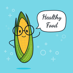 Corn with speech bubble. Balloon sticker. Cool vegetable. Vector illustration. Corn clever nerd character. Healthy food concept. Smart vegan diet poster