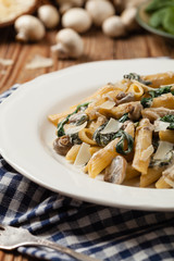 Penne pasta with spinach and mushrooms. Sprinkled with cheese.