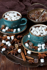 Hot cocoa with marshmallows  on the wooden background. Christmas concept