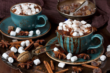 Hot cocoa with marshmallows  on the wooden background. Christmas concept