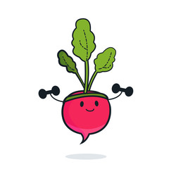 Cute radish cartoon character doing exercises with dumbbells. Eating healthy and fitness. Flat retro style concept illustration