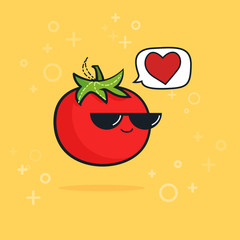 Illustration cartoon funny tomato icon with black sunglasses isolated, vegan concept, vegan love