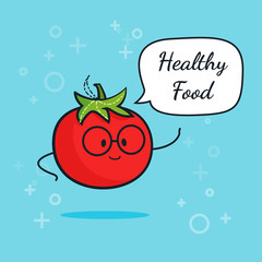 Tomato with speech bubble. Balloon sticker. Cool vegetable. Vector illustration. Tomato clever nerd character. Healthy food concept. Smart vegan diet poster