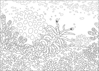 Funny sea monster mollusc thousand-legs creeping among corals on a reef in a tropical sea, black and white vector illustration in a cartoon style for a coloring book