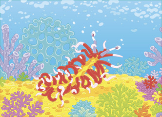 Fototapeta na wymiar Funny sea monster mollusc thousand-legs creeping among colorful corals on a reef in a tropical sea, vector illustration in a cartoon style