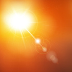 Abstract vector summer sunlight illustration. Sunny yellow background sky with defocused lights. Special sun lens flare light effect.