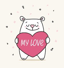 Happy Valentine`s Day greeting card with cute happy white bear hugs big pink heart with love words. Cartoon vector flat animal illustration