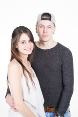 young couple of college student in love in white background