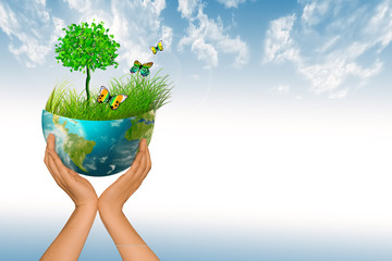 Ecological concept of the environment with the cultivation of trees on the ground in the hands. Planet Earth. Physical globe of the earth. Elements of this image furnished by NASA. 3D illustration