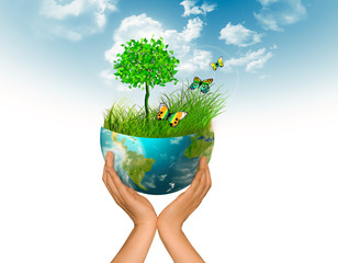 Ecological concept of the environment with the cultivation of trees on the ground in the hands. Planet Earth. Physical globe of the earth. Elements of this image furnished by NASA. 3D illustration