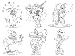 Coloring book page. Funny cartoon circus clown in traditional costume. Vector set illustration isolated on a white background.