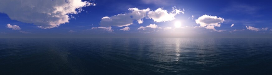 Fototapeta premium panorama of the ocean sunset, sea sunset, the sun in the clouds over the water, 3D rendering 