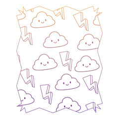 abstract frame with kawaii clouds and thunders pattern over white background, vector illustration