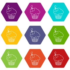 Cherry cupcake icons set 9 vector
