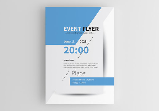 Event Flyer Layout with Blue Shapes