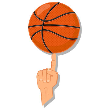 Basketball ball spinning on the finger. Vector cartoon illustration isolated on a white background.