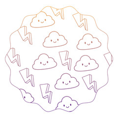 decorative circular frame with kawaii clouds and thunders pattern over white background, vector illustration