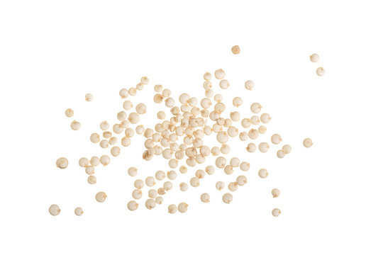 white quinoa seeds isolated on white background. Top view