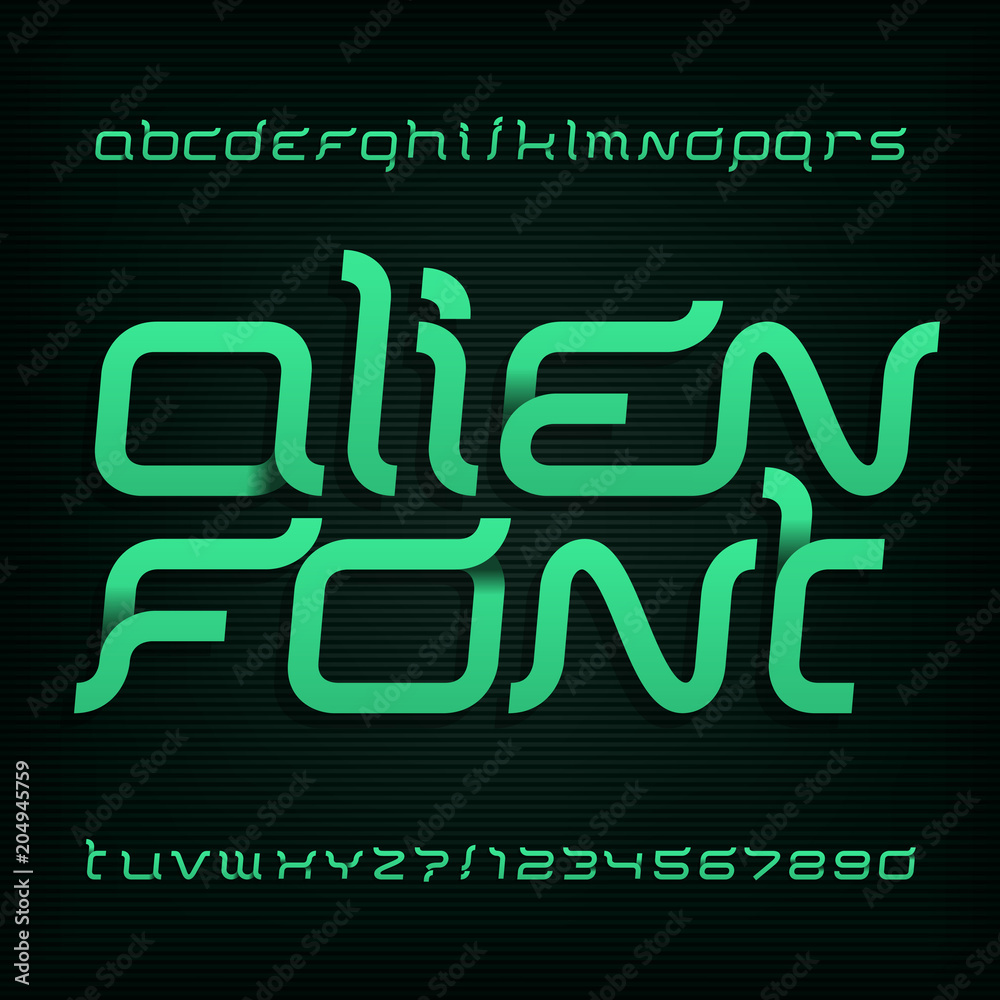 Fototapete alien font. abstract alphabet typeface. fancy type letters and numbers. vector typography for your d