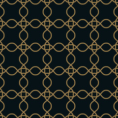 Seamless pattern of intersecting thin gold lines on black background. Abstract seamless ornament.