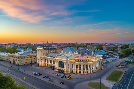 St. Petersburg. Vitebsk railway station. Streets of Petersburg. Poster of Russian cities. White nights in Petersburg. Russian Federation.