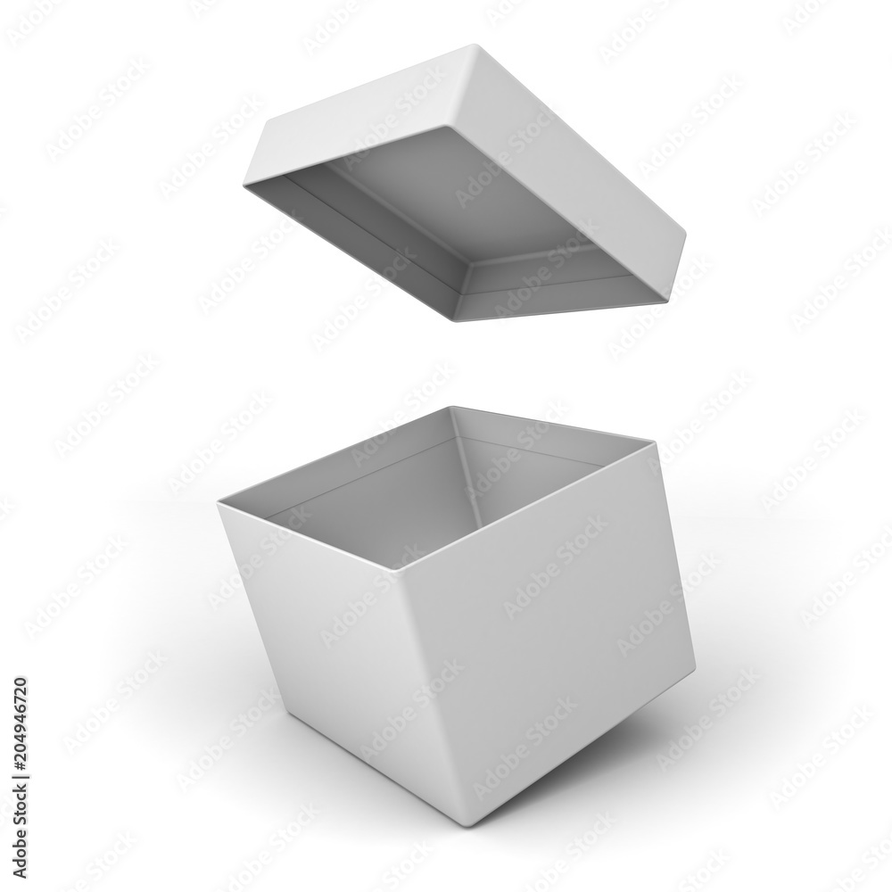 Aufkleber blank cardboard box open with cover lid isolated on white background with shadow . 3d rendering.