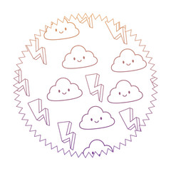 seal stamp with kawaii clouds and thunders pattern over white background, vector illustration