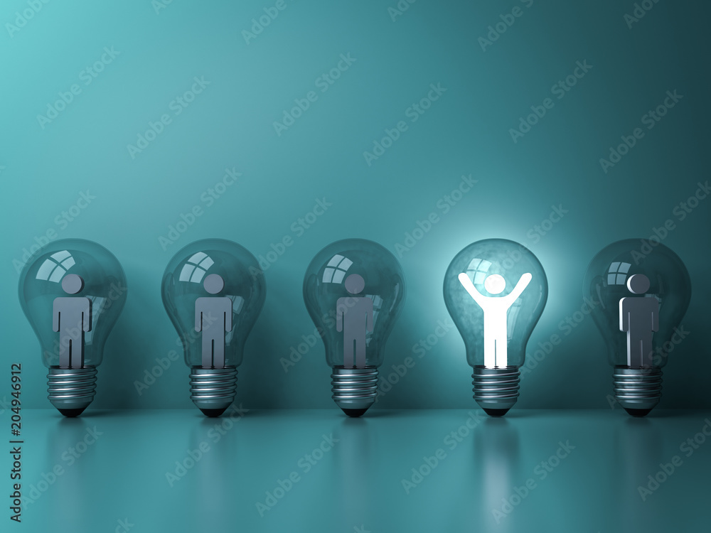 Aufkleber Stand out from the crowd and different creative idea concepts , One glowing light man standing with arms wide open in light bulb among other dim people on dark green pastel background . 3D rendering.
