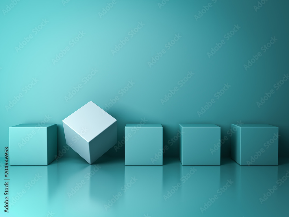 Poster Stand out from the crowd and different creative idea concepts , One white box standing among green square boxes in the row on green pastel color background with reflections and shadows . 3D rendering.