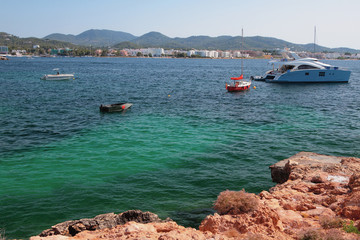 Sea gulf and parking of yachts. San Antonio, Ibiza, Spain