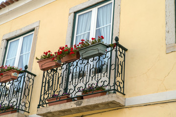Fototapeta na wymiar Two old windows on a house with flowers.
