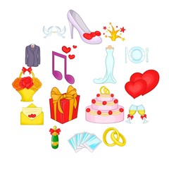 Wedding icons set, cartoon style