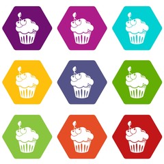 Cherry cupcake icons set 9 vector