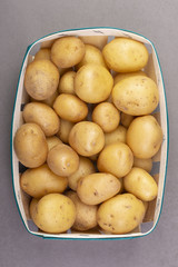 Potatoes in a basket on a gray background. Top view. Vertically.