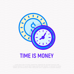 Time is money thin line icon: clock and dollar sign. Modern vector illustration.