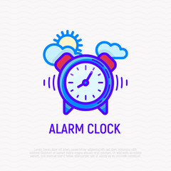 Alarm clock thin line icon: clock and sunrise. Modern vector illustration.