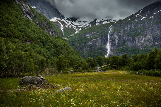 Volefossen Waterfall in Briksdalbreen, Norway