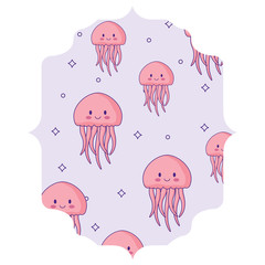 arabic frame with cute jellyfish pattern over white background, colorful design. vector illustration
