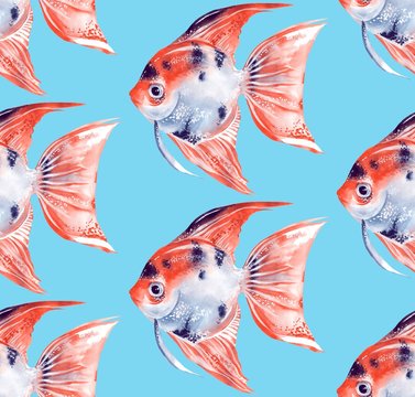 Scalare. Watercolor seamless pattern with fish